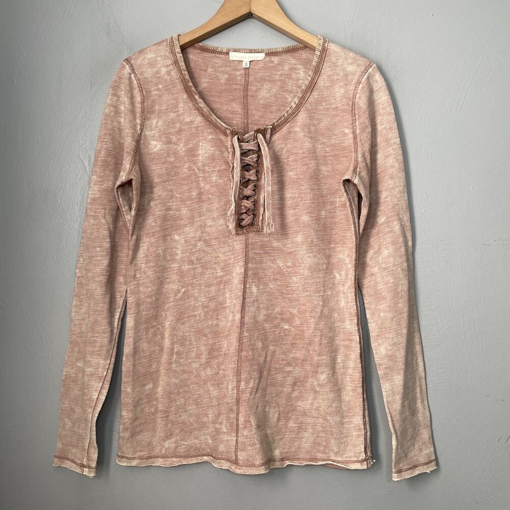 Acid Washed Lace Up Henley Shirt Size Small Pink Renaissance Boho Pirate Y2K